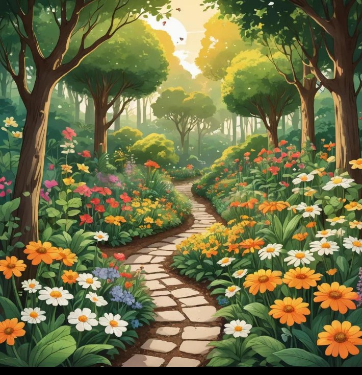 A garden with paths, flowers, and greenery
