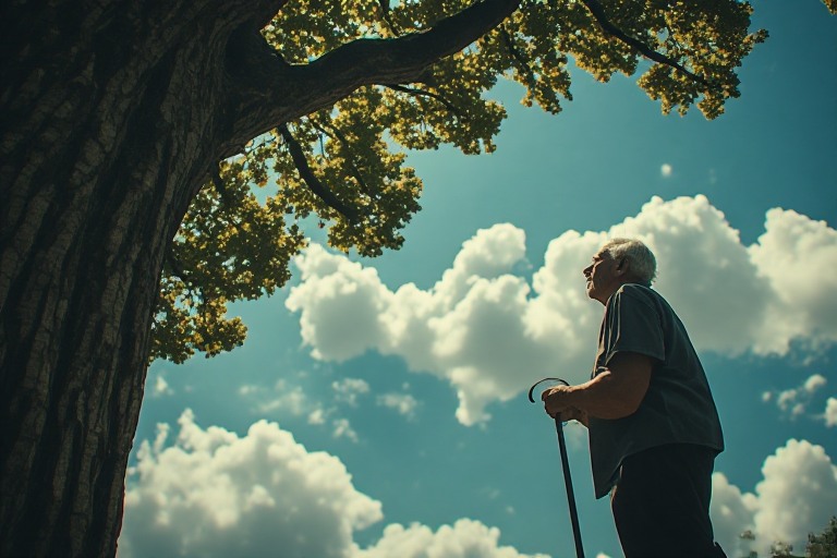 An old man looking up at a large tree