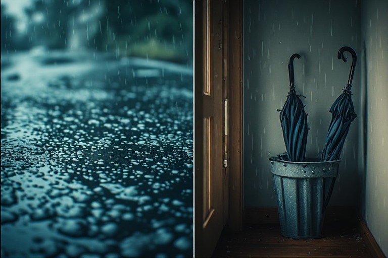 A split image of rain puddle and umbrella.